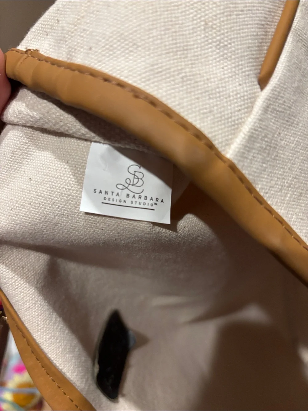 Canvas 'CIAO' Tote Bag in Cream with Black Handles and Tan Trim